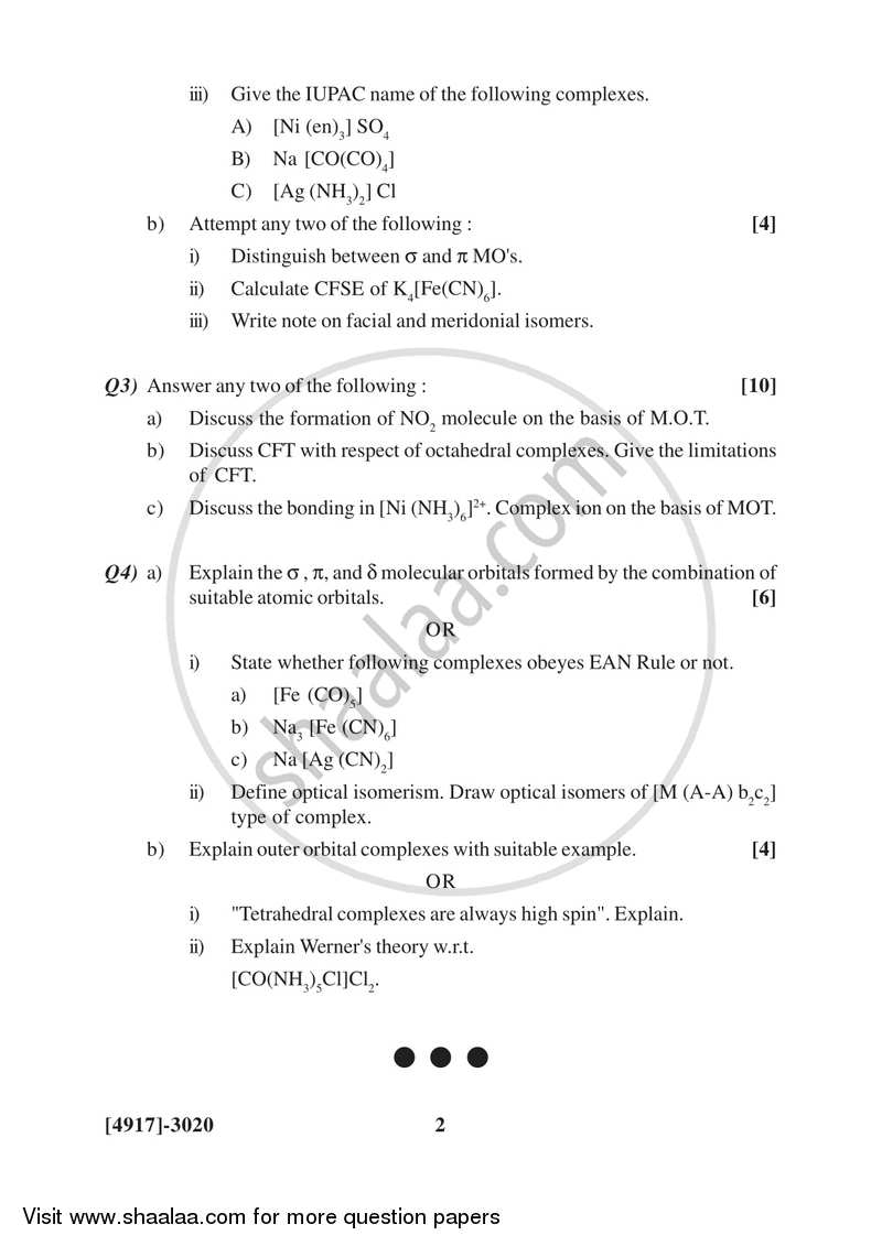 Inorganic Chemistry 2015-2016 - B.Sc. - Semester 5 (TYBSc) - University of Pune question paper with PDF download