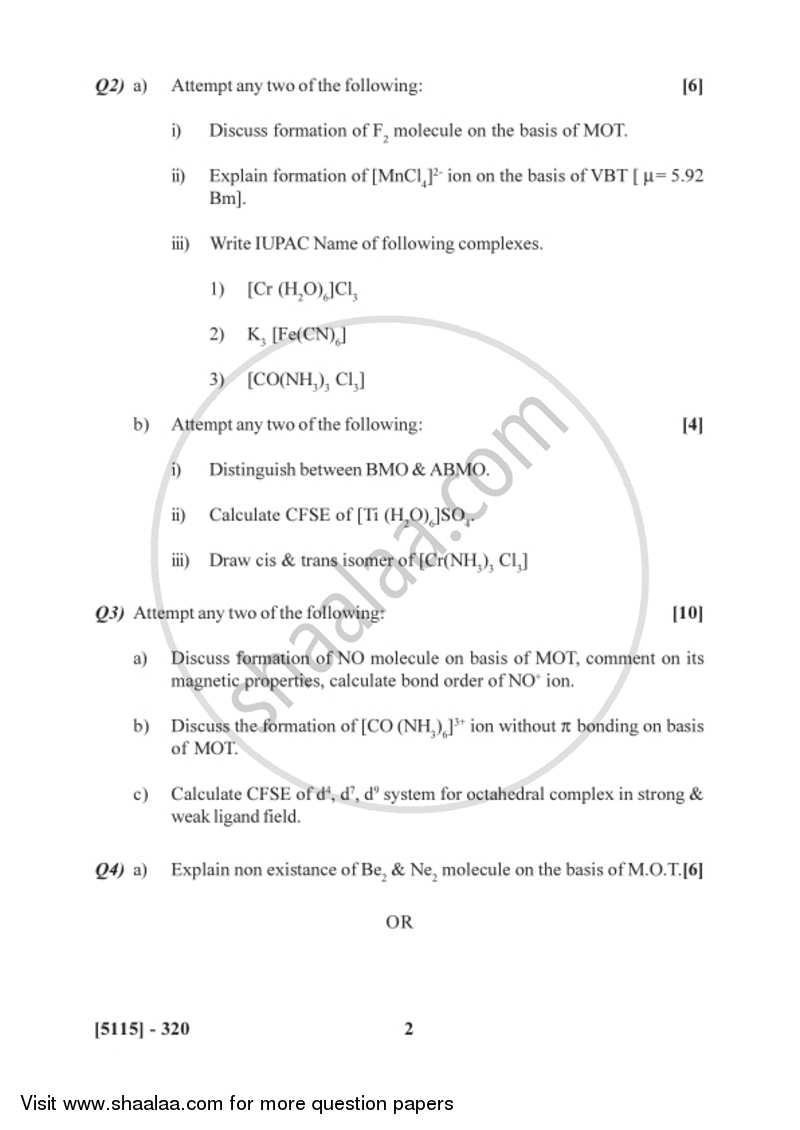 Inorganic Chemistry 2016-2017 - B.Sc. - Semester 5 (TYBSc) - University of Pune question paper with PDF download