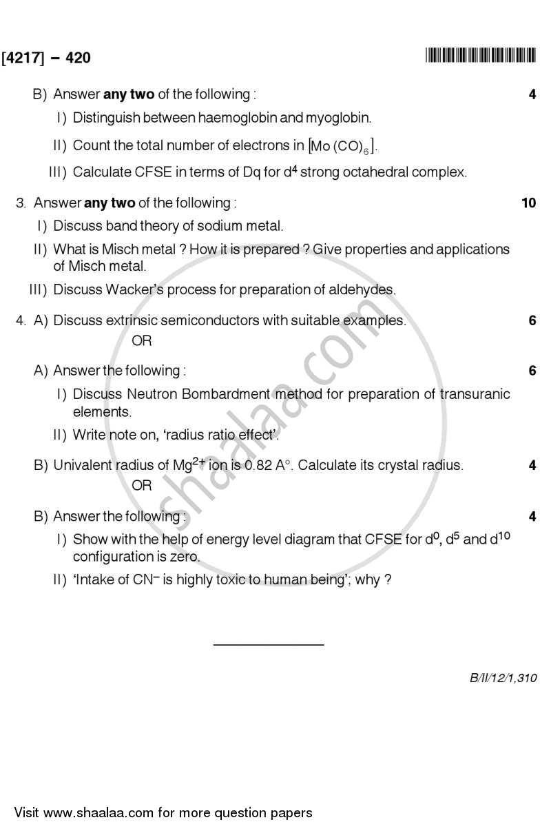 Inorganic Chemistry 2012-2013 - B.Sc. - Semester 6 (TYBSc) - University of Pune question paper with PDF download
