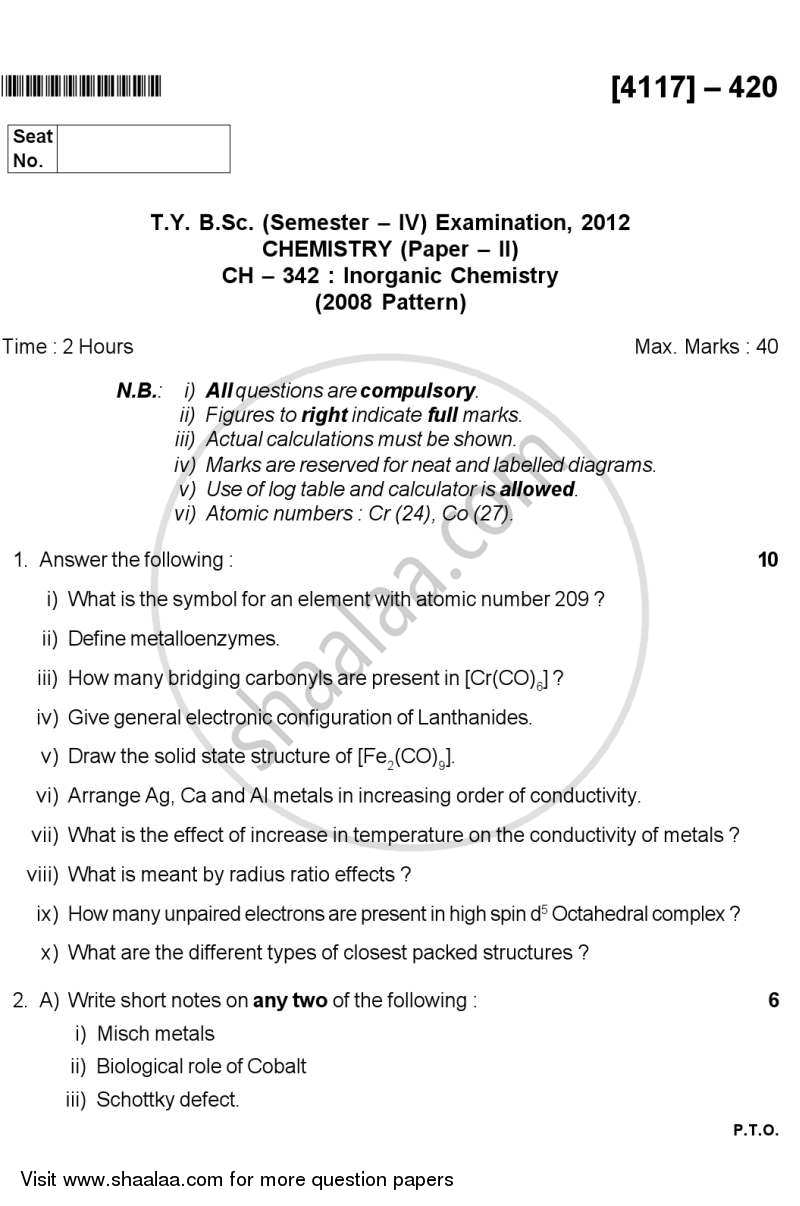 Inorganic Chemistry 2012-2013 - B.Sc. - Semester 6 (TYBSc) - University of Pune question paper with PDF download