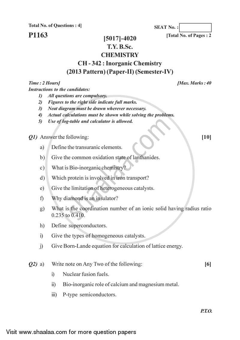 Inorganic Chemistry 2016-2017 - B.Sc. - Semester 6 (TYBSc) - University of Pune question paper with PDF download