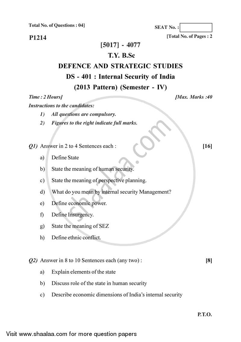 Internal Security of India 2016-2017 - B.Sc. - Semester 6 (TYBSc) - University of Pune question paper with PDF download