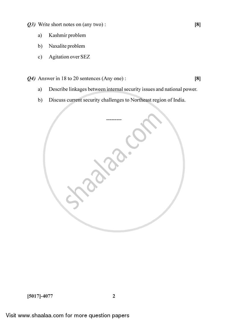 Internal Security of India 2016-2017 - B.Sc. - Semester 6 (TYBSc) - University of Pune question paper with PDF download