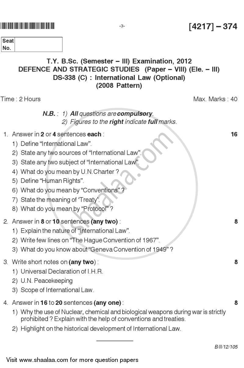 International Law 2012-2013 - B.Sc. - Semester 5 (TYBSc) - University of Pune question paper with PDF download