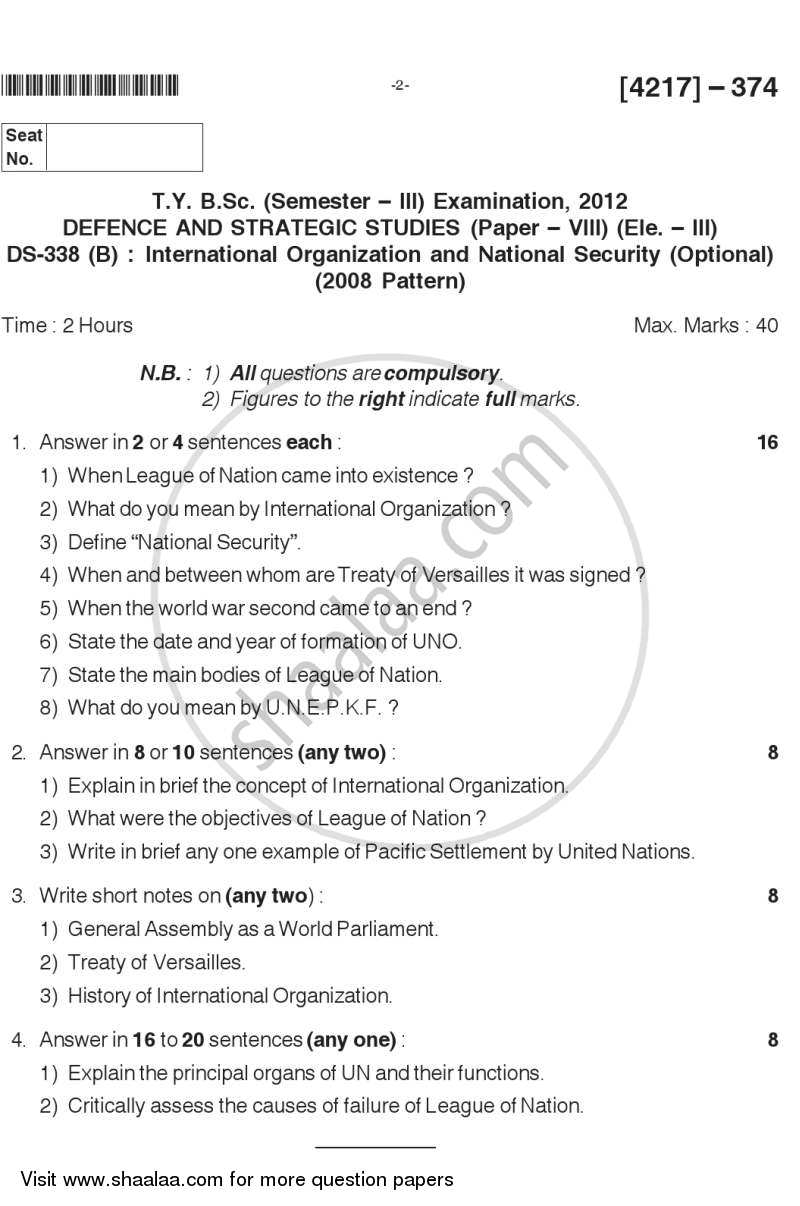International Organisation and National Security 2012-2013 - B.Sc. - Semester 5 (TYBSc) - University of Pune question paper with PDF download