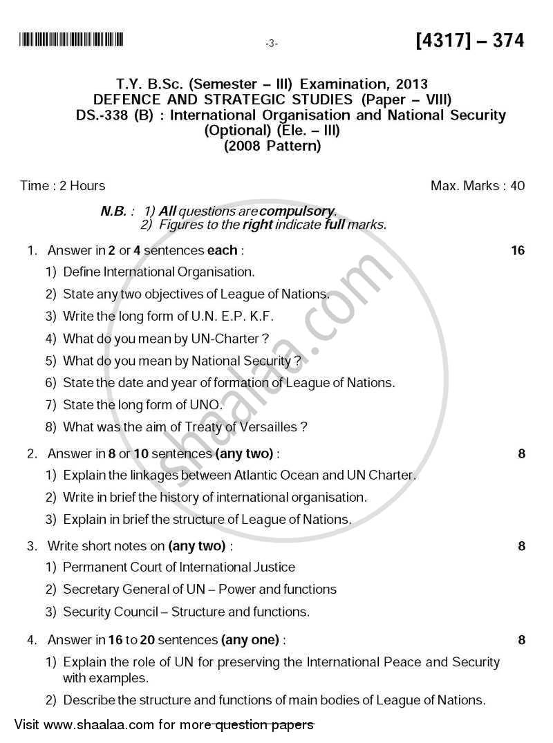 International Organisation and National Security 2013-2014 - B.Sc. - Semester 5 (TYBSc) - University of Pune question paper with PDF download