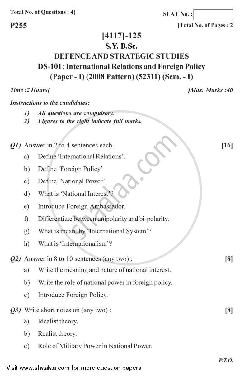 International Relations and Foreign Policy 2012-2013 - B.Sc. - Semester 3 (SYBSc) - University of Pune question paper with PDF download
