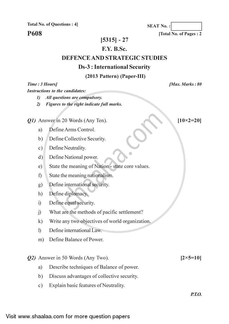 International security 2017-2018 - B.Sc. - Semester 2 (FYBSc) - University of Pune question paper with PDF download