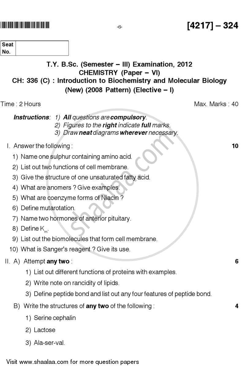 Introduction to Biochemistry and Molecular Biology 2012-2013 - B.Sc. - Semester 5 (TYBSc) - University of Pune question paper with PDF download