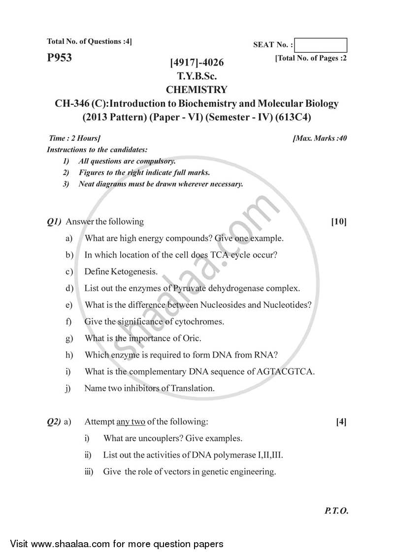 Introduction to Biochemistry and Molecular Biology 2015-2016 - B.Sc. - Semester 6 (TYBSc) - University of Pune question paper with PDF download