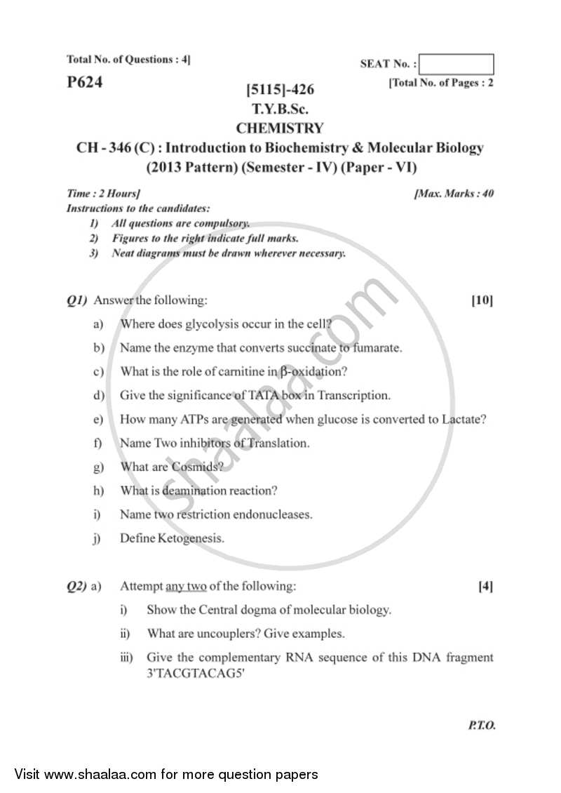 Introduction to Biochemistry and Molecular Biology 2016-2017 - B.Sc. - Semester 6 (TYBSc) - University of Pune question paper with PDF download