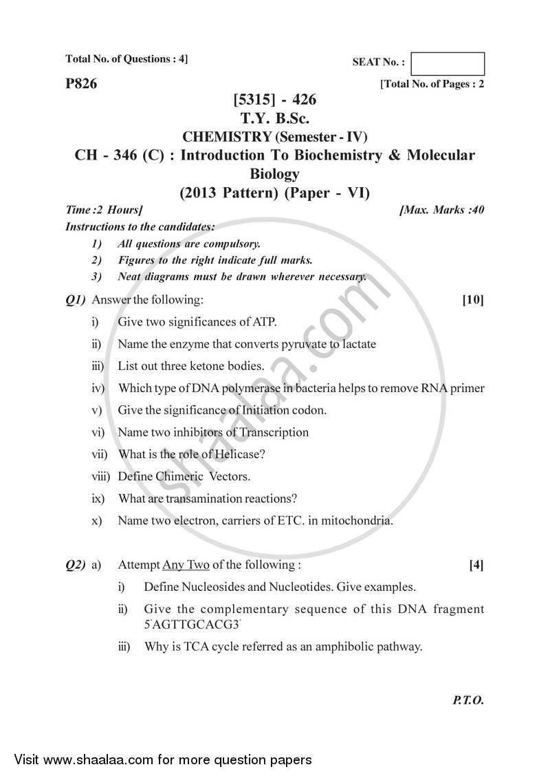 Introduction to Biochemistry and Molecular Biology 2017-2018 - B.Sc. - Semester 6 (TYBSc) - University of Pune question paper with PDF download