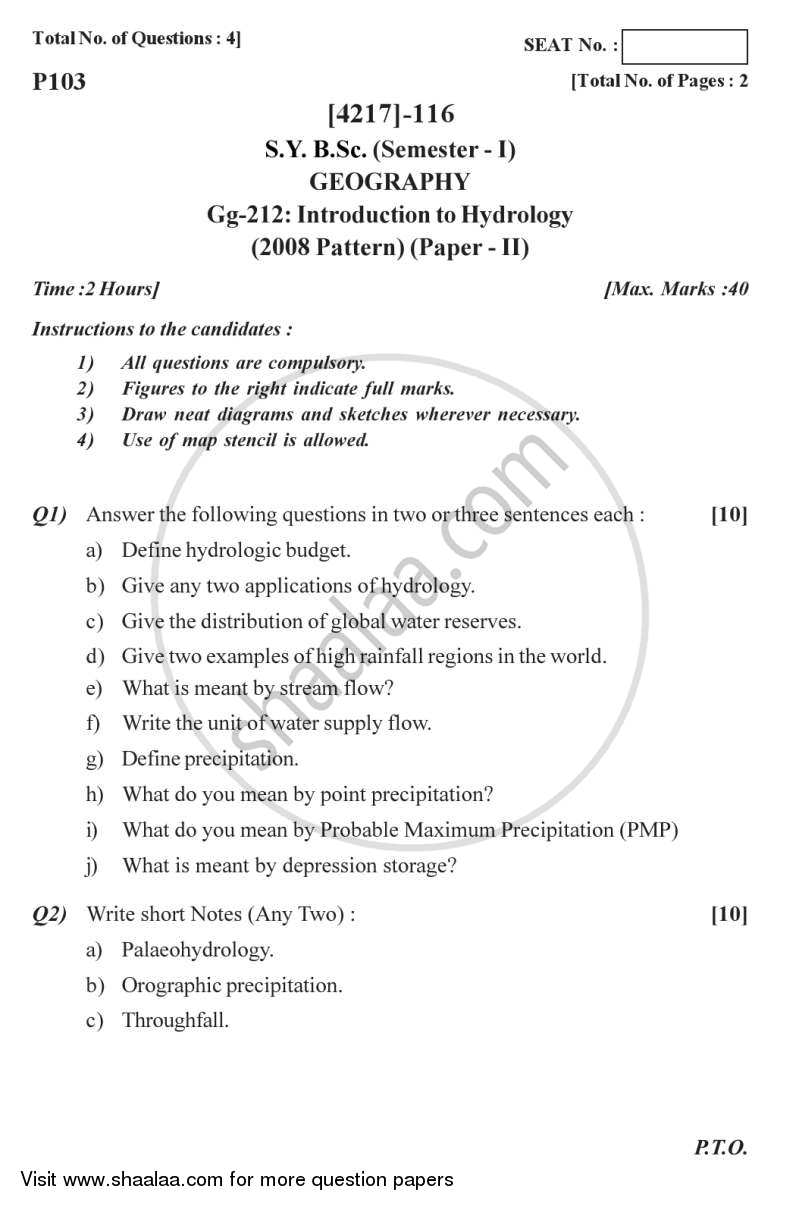 Introduction to Hydrology 2012-2013 - B.Sc. - Semester 3 (SYBSc) - University of Pune question paper with PDF download