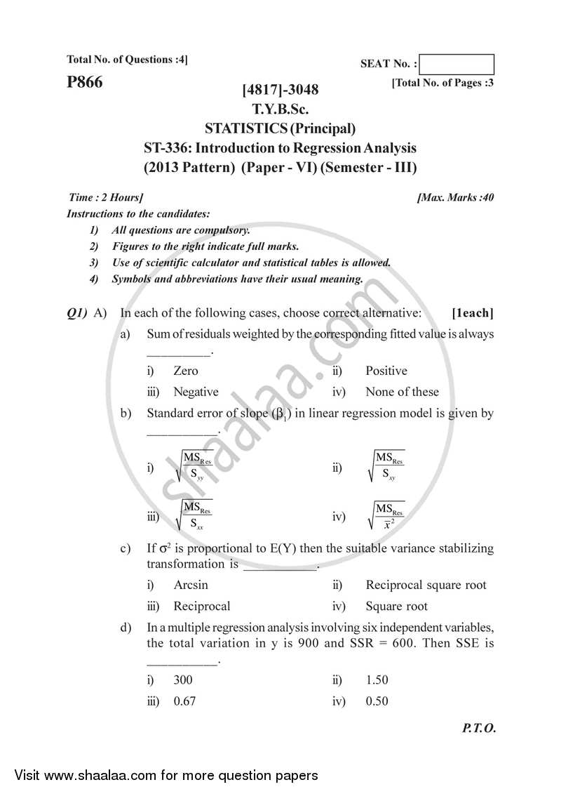 Introduction to Regression Analysis 2015-2016 - B.Sc. - Semester 5 (TYBSc) - University of Pune question paper with PDF download