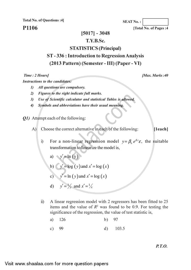 Introduction to Regression Analysis 2016-2017 - B.Sc. - Semester 5 (TYBSc) - University of Pune question paper with PDF download