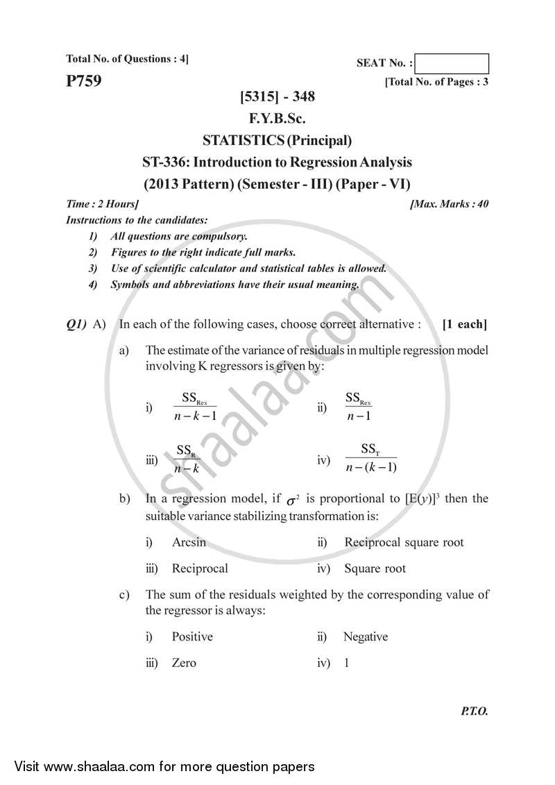 Introduction to Regression Analysis 2017-2018 - B.Sc. - Semester 5 (TYBSc) - University of Pune question paper with PDF download