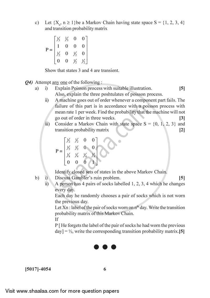 Introduction to Stochastic Processes 2016-2017 - B.Sc. - Semester 6 (TYBSc) - University of Pune question paper with PDF download