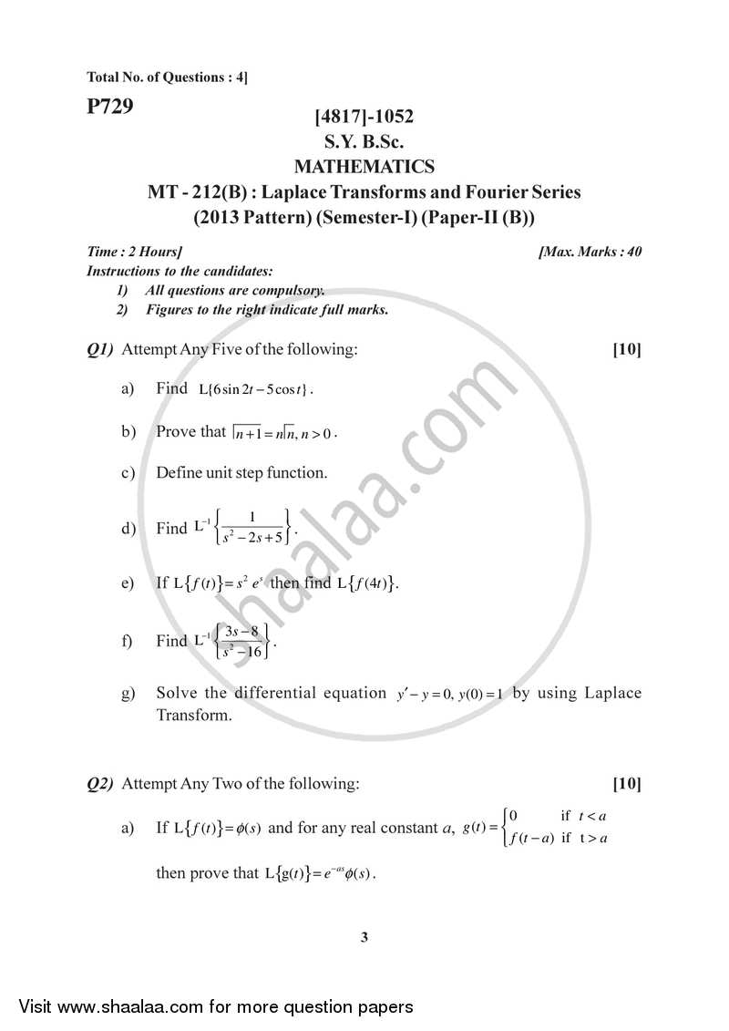 Laplace Transform and Fourier Series 2015-2016 - B.Sc. - Semester 3 (SYBSc) - University of Pune question paper with PDF download