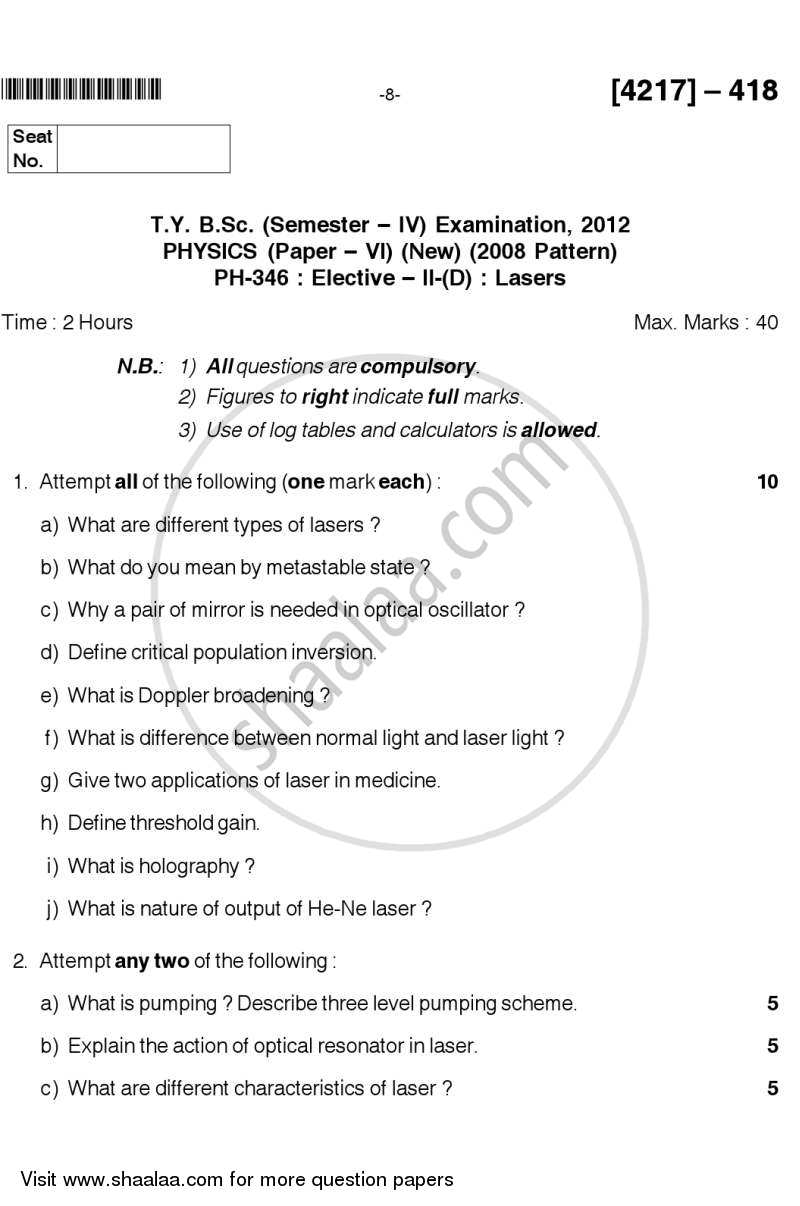 Lasers 2012-2013 - B.Sc. - Semester 6 (TYBSc) - University of Pune question paper with PDF download