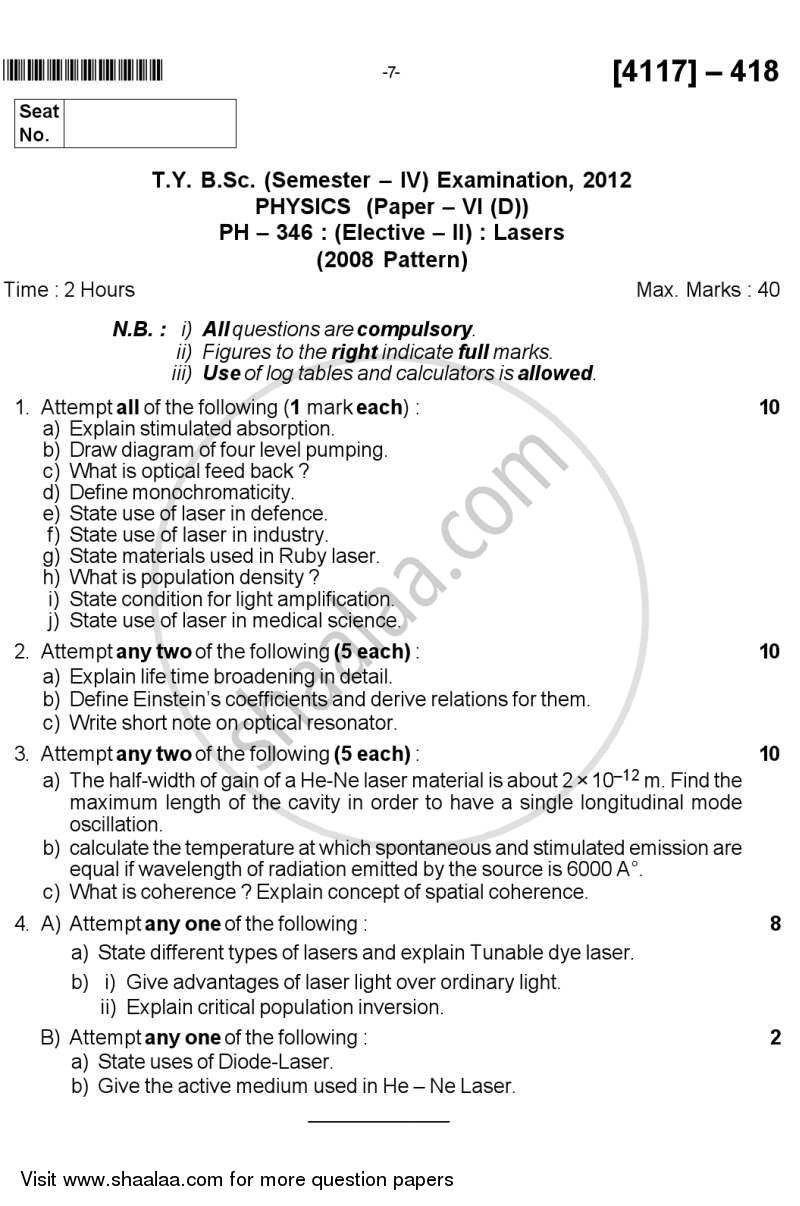Lasers 2012-2013 - B.Sc. - Semester 6 (TYBSc) - University of Pune question paper with PDF download