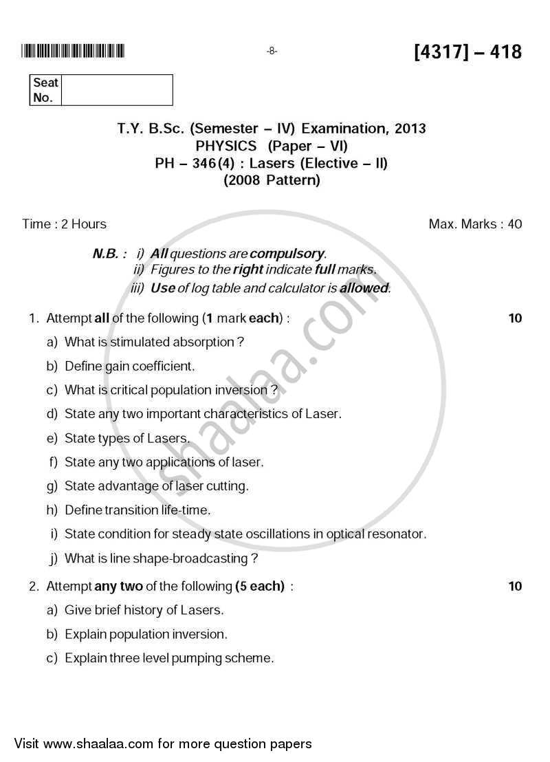 Lasers 2013-2014 - B.Sc. - Semester 6 (TYBSc) - University of Pune question paper with PDF download