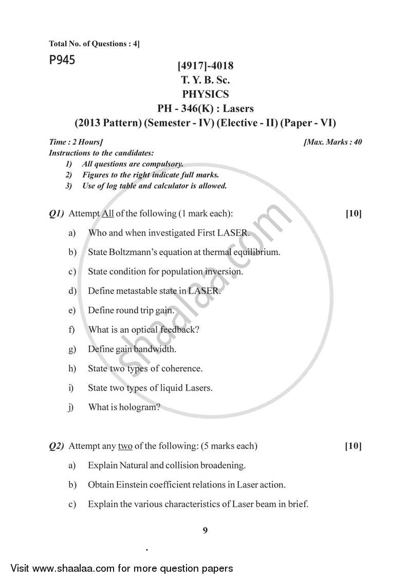Lasers 2015-2016 - B.Sc. - Semester 6 (TYBSc) - University of Pune question paper with PDF download
