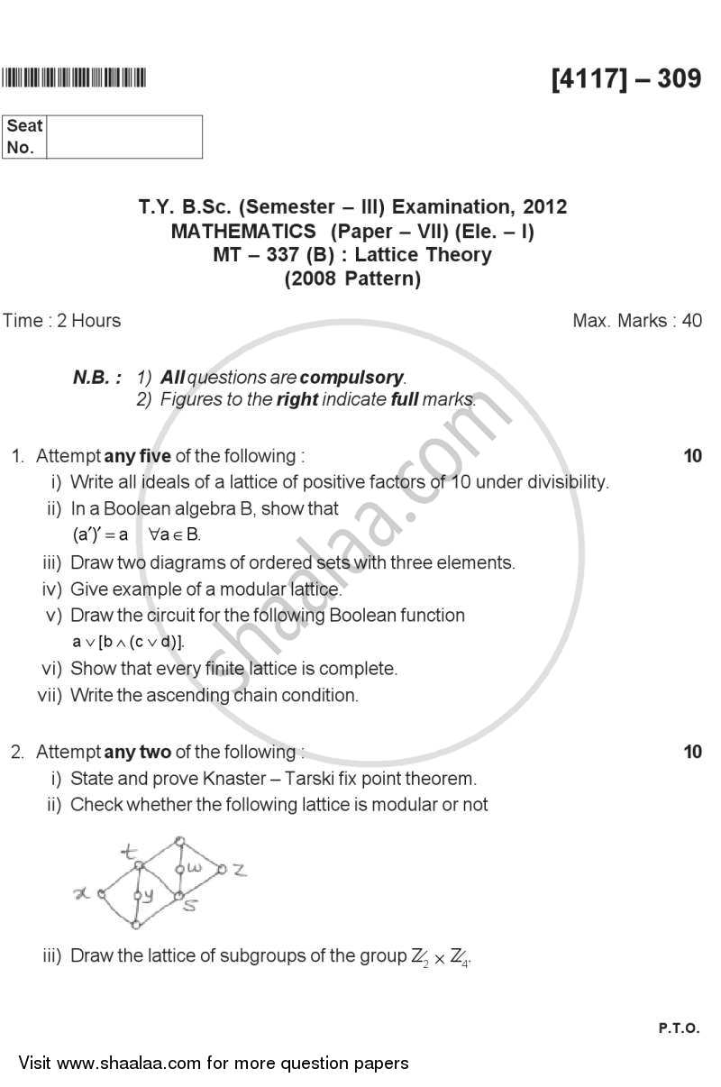 Lattice Theory 2012-2013 - B.Sc. - Semester 5 (TYBSc) - University of Pune question paper with PDF download