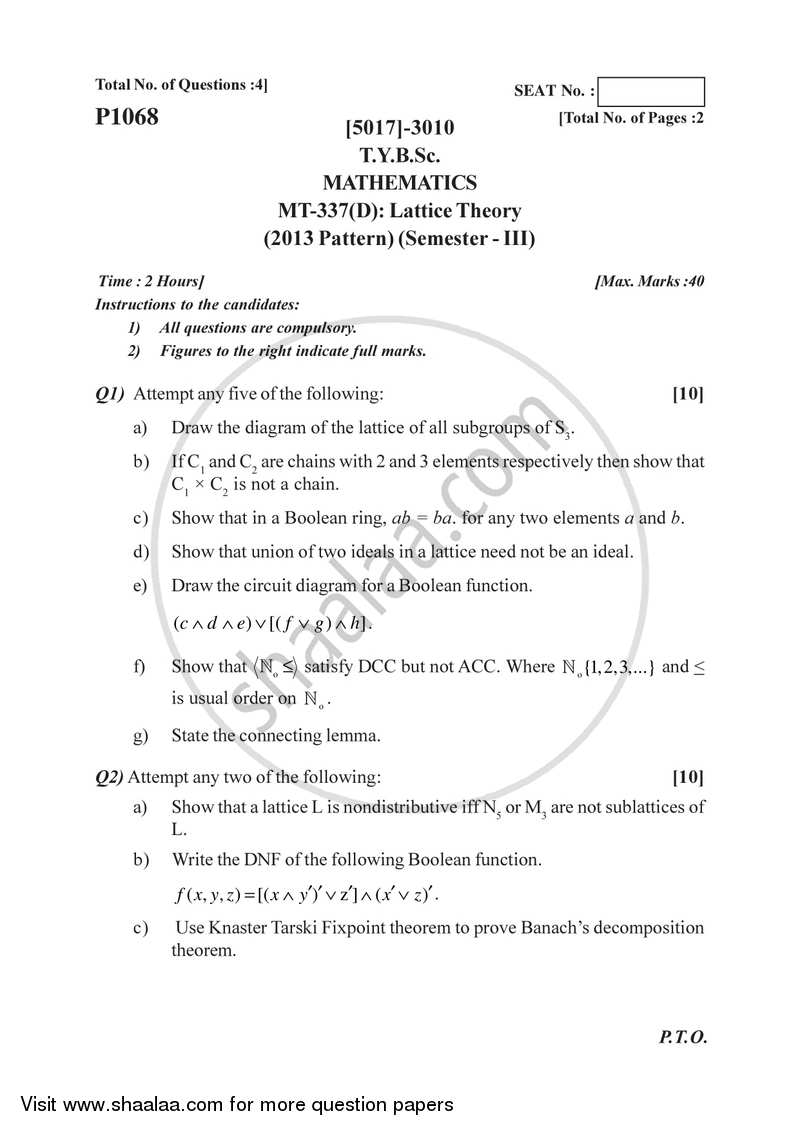 Lattice Theory 2016-2017 - B.Sc. - Semester 5 (TYBSc) - University of Pune question paper with PDF download