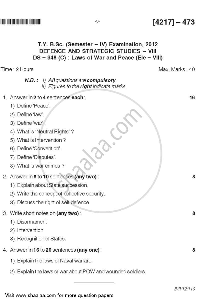 Laws of War and Peace 2012-2013 - B.Sc. - Semester 6 (TYBSc) - University of Pune question paper with PDF download