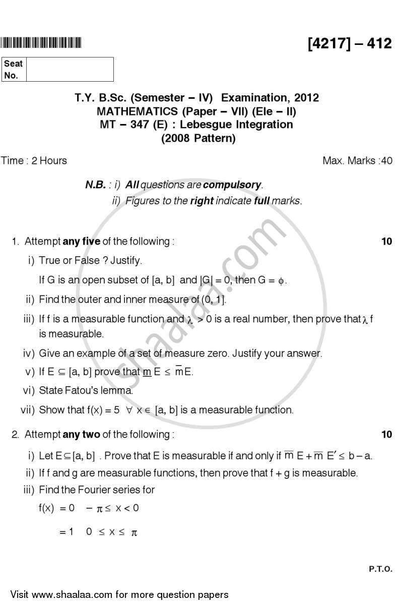 Lebesgue Integration 2012-2013 - B.Sc. - Semester 6 (TYBSc) - University of Pune question paper with PDF download