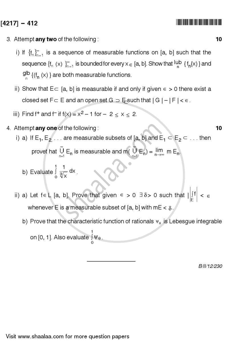Lebesgue Integration 2012-2013 - B.Sc. - Semester 6 (TYBSc) - University of Pune question paper with PDF download