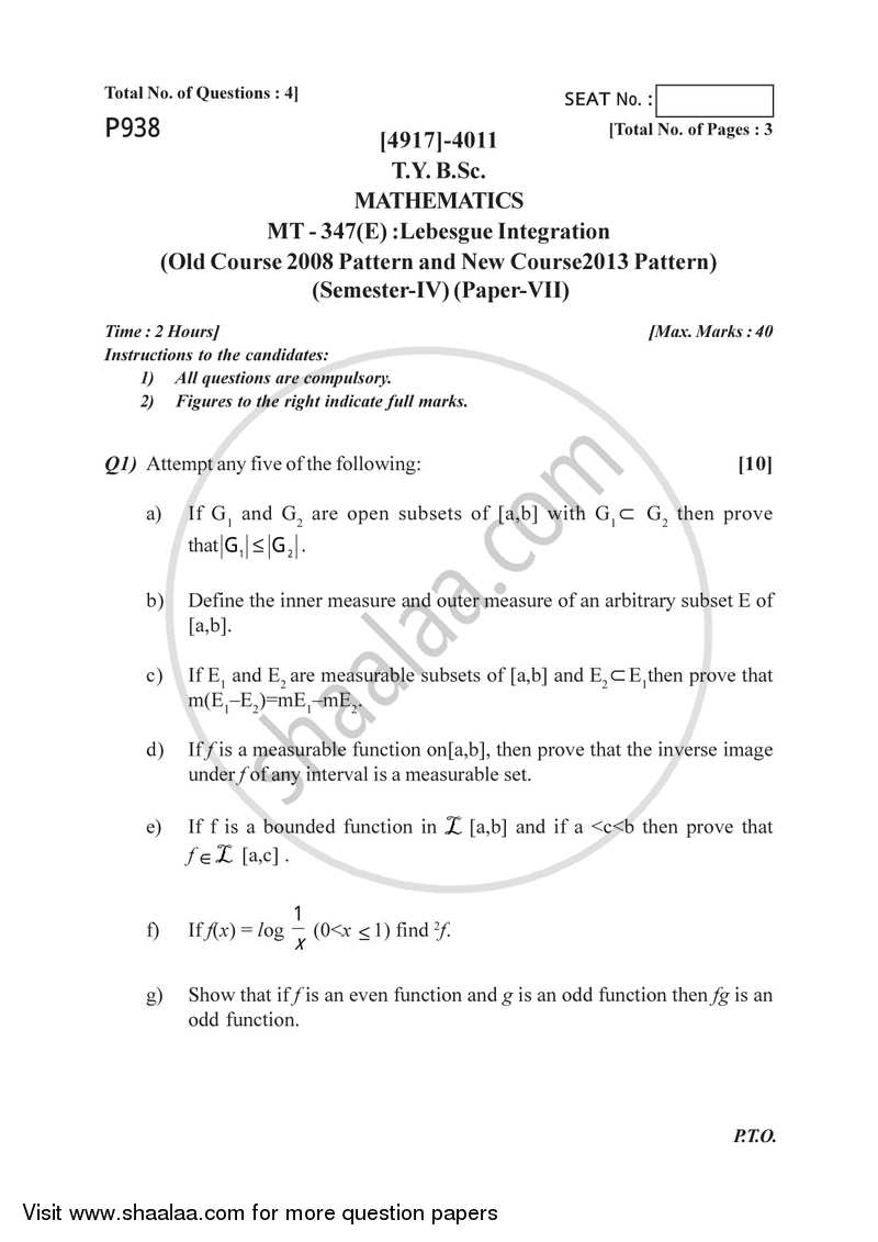 Lebesgue Integration 2015-2016 - B.Sc. - Semester 6 (TYBSc) - University of Pune question paper with PDF download