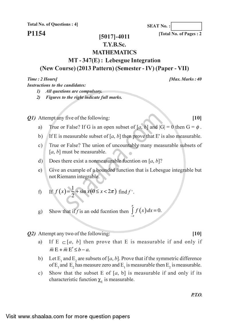 Lebesgue Integration 2016-2017 - B.Sc. - Semester 6 (TYBSc) - University of Pune question paper with PDF download