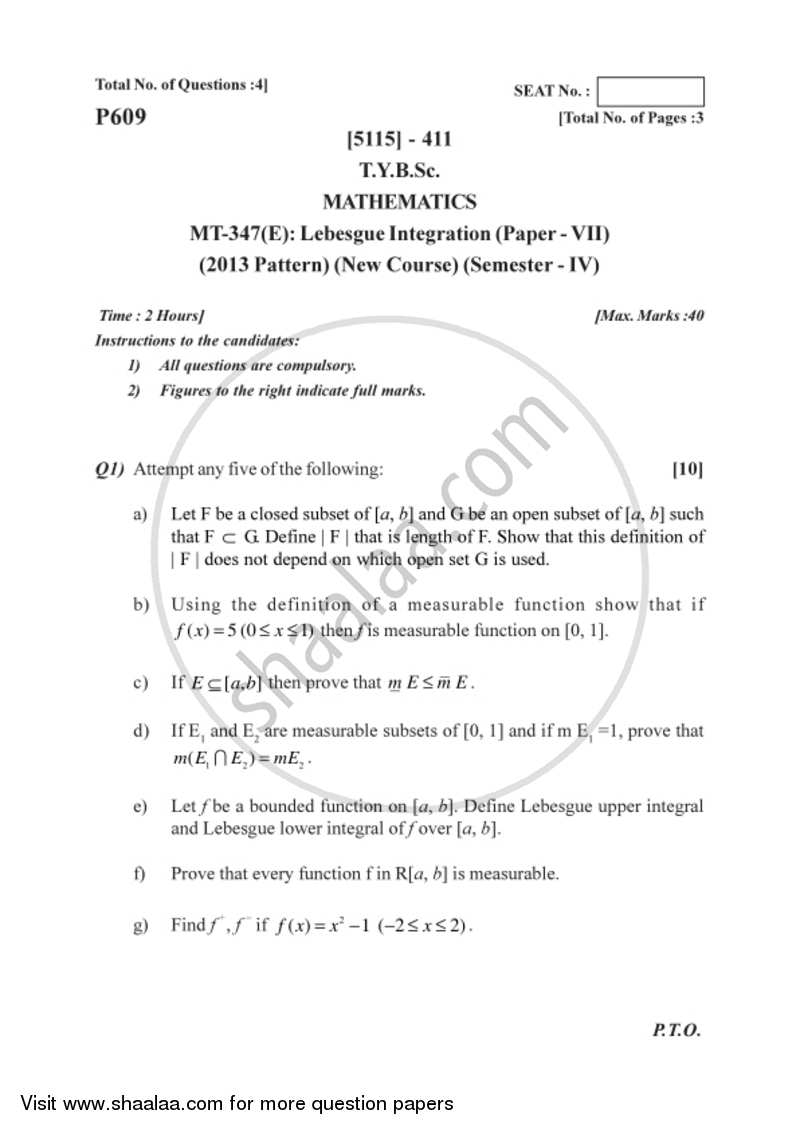 Lebesgue Integration 2016-2017 - B.Sc. - Semester 6 (TYBSc) - University of Pune question paper with PDF download