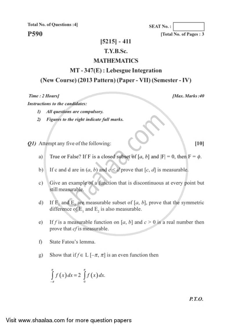 Lebesgue Integration 2017-2018 - B.Sc. - Semester 6 (TYBSc) - University of Pune question paper with PDF download