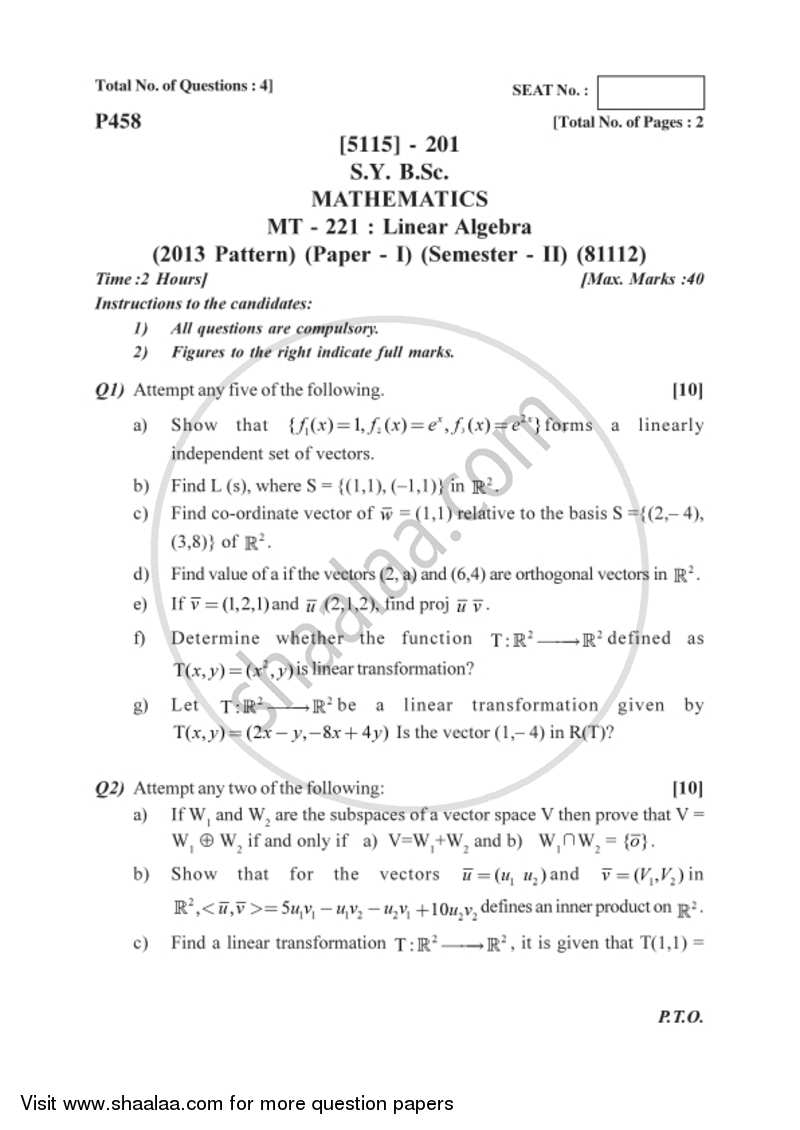 Linear Algebra 2016-2017 - B.Sc. - Semester 4 (SYBSc) - University of Pune question paper with PDF download
