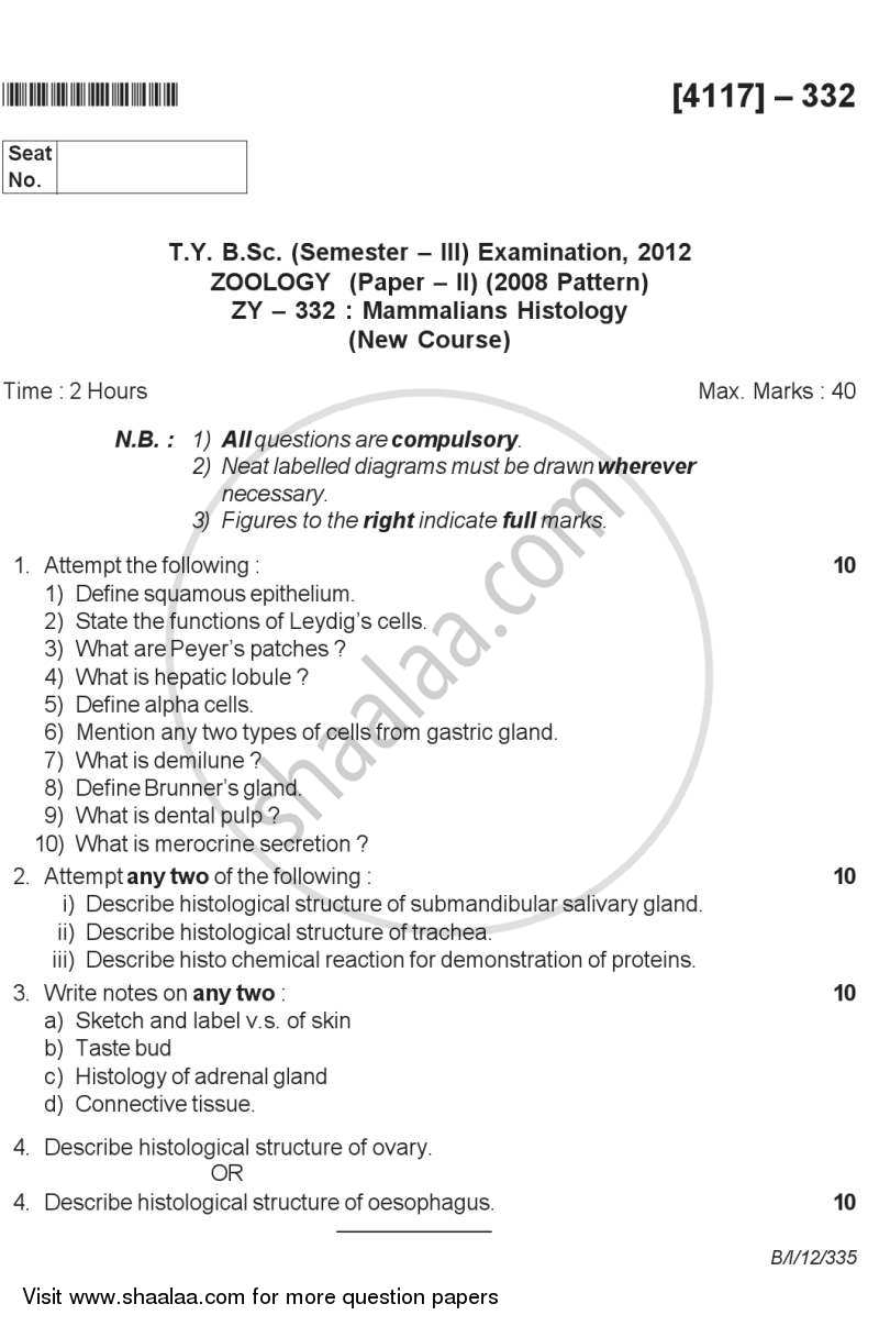 Mammalian Histology 2012-2013 - B.Sc. - Semester 5 (TYBSc) - University of Pune question paper with PDF download