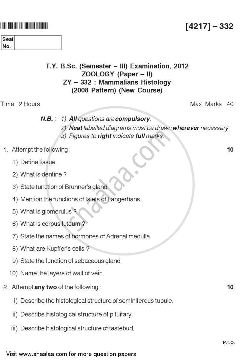 Mammalian Histology 2012-2013 - B.Sc. - Semester 5 (TYBSc) - University of Pune question paper with PDF download
