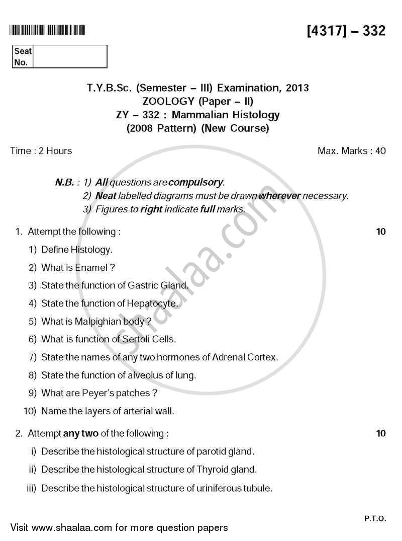 Mammalian Histology 2013-2014 - B.Sc. - Semester 5 (TYBSc) - University of Pune question paper with PDF download