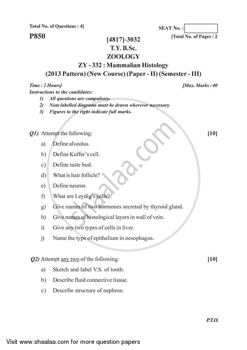 Mammalian Histology 2015-2016 - B.Sc. - Semester 5 (TYBSc) - University of Pune question paper with PDF download