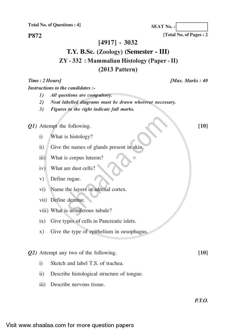 Mammalian Histology 2015-2016 - B.Sc. - Semester 5 (TYBSc) - University of Pune question paper with PDF download