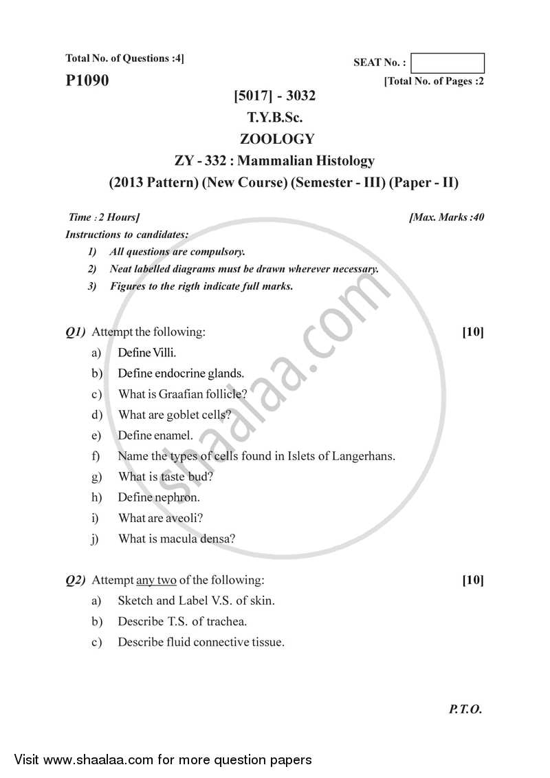 Mammalian Histology 2016-2017 - B.Sc. - Semester 5 (TYBSc) - University of Pune question paper with PDF download