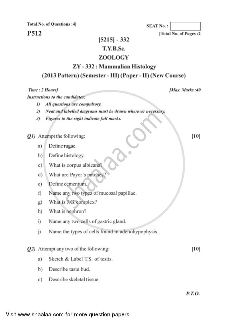 Mammalian Histology 2017-2018 - B.Sc. - Semester 5 (TYBSc) - University of Pune question paper with PDF download