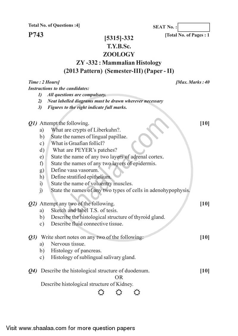 Mammalian Histology 2017-2018 - B.Sc. - Semester 5 (TYBSc) - University of Pune question paper with PDF download