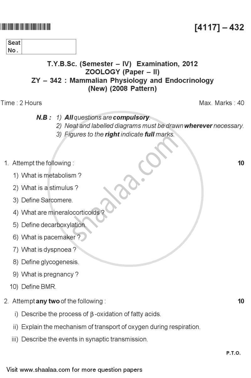 Mammalian Physiology and Endocrinology 2012-2013 - B.Sc. - Semester 6 (TYBSc) - University of Pune question paper with PDF download