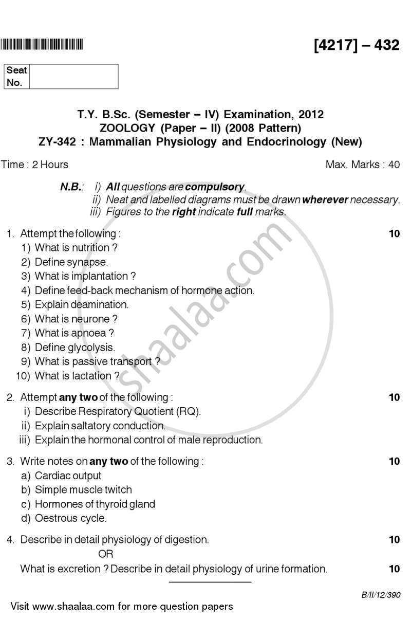 Mammalian Physiology and Endocrinology 2012-2013 - B.Sc. - Semester 6 (TYBSc) - University of Pune question paper with PDF download