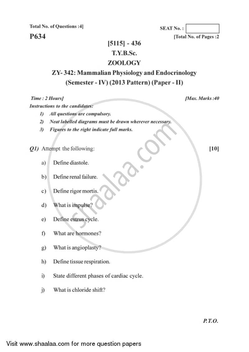 Mammalian Physiology and Endocrinology 2016-2017 - B.Sc. - Semester 6 (TYBSc) - University of Pune question paper with PDF download