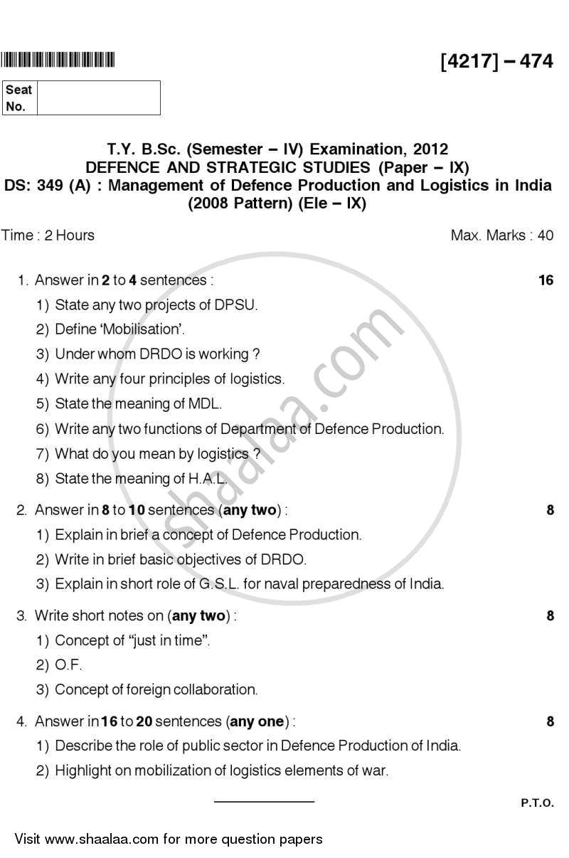 Management of Defence Production and Logistics in India 2012-2013 - B.Sc. - Semester 6 (TYBSc) - University of Pune question paper with PDF download
