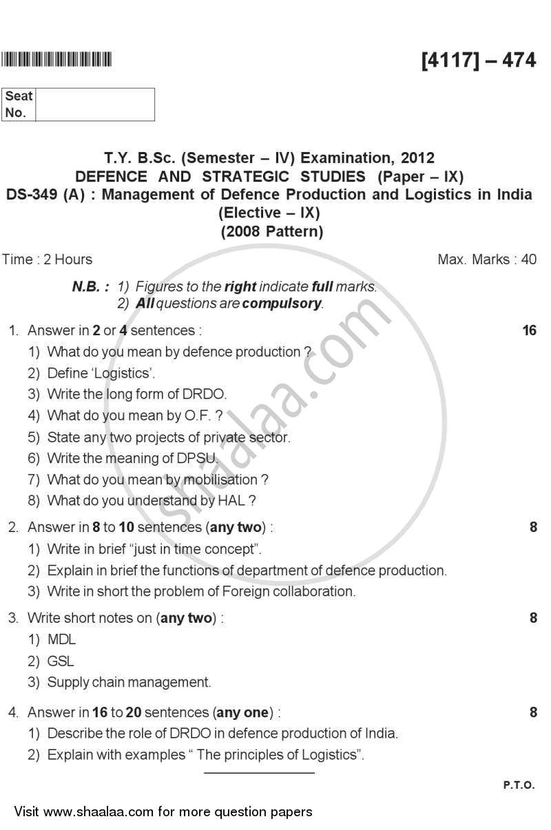 Management of Defence Production and Logistics in India 2012-2013 - B.Sc. - Semester 6 (TYBSc) - University of Pune question paper with PDF download