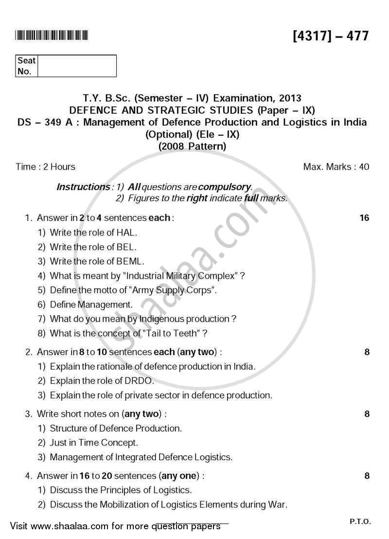 Management of Defence Production and Logistics in India 2013-2014 - B.Sc. - Semester 6 (TYBSc) - University of Pune question paper with PDF download
